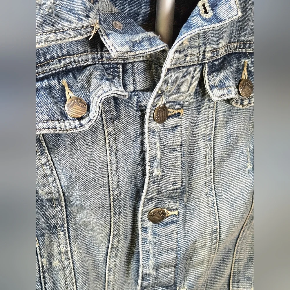 Free People Denim Knit Boho Soft Grunge Distressed Jean Jacket,‎ Small